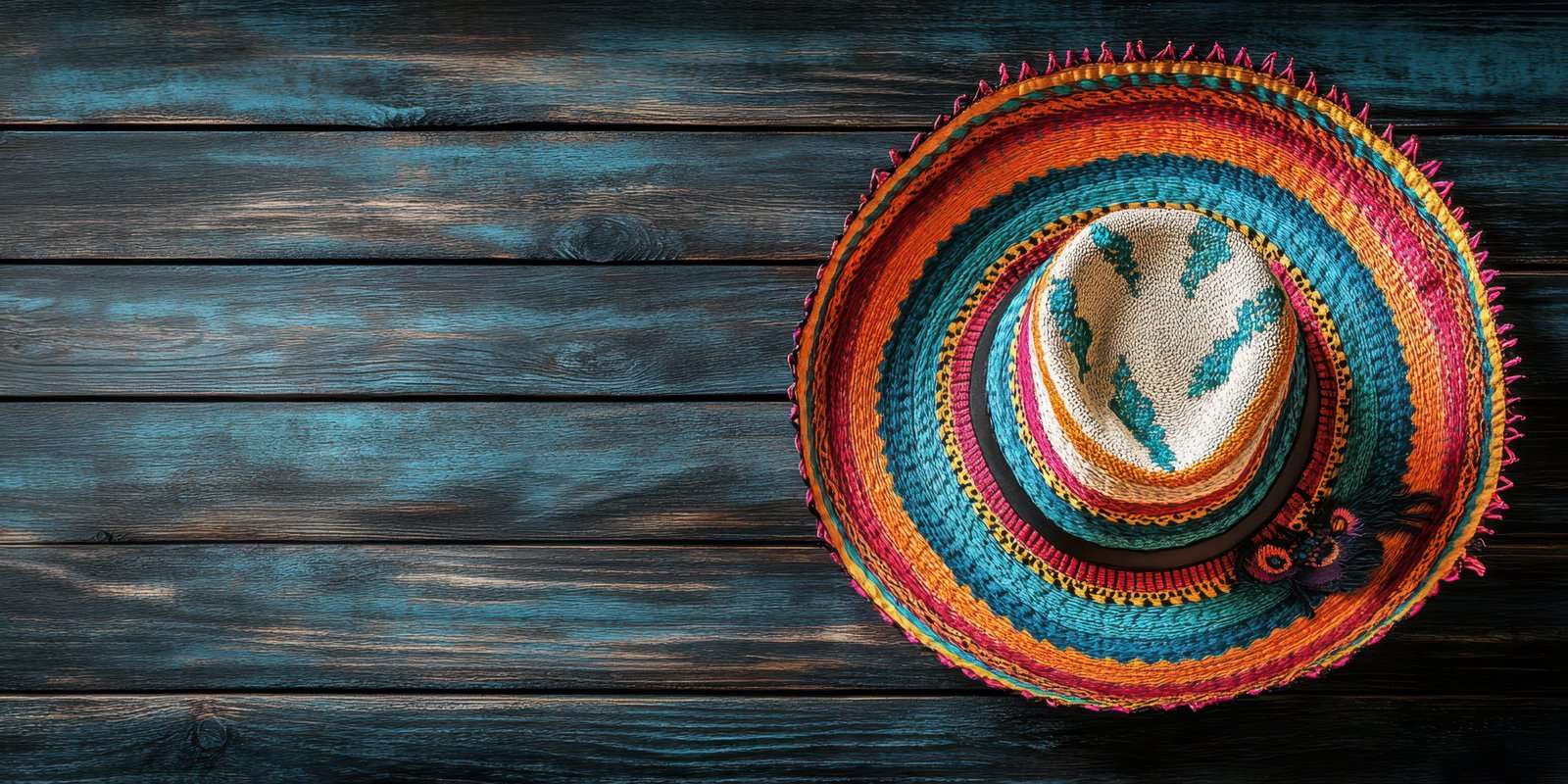 Colorful woven sombrero displayed on a rustic wooden surface, showcasing intricate patterns and vibrant colors